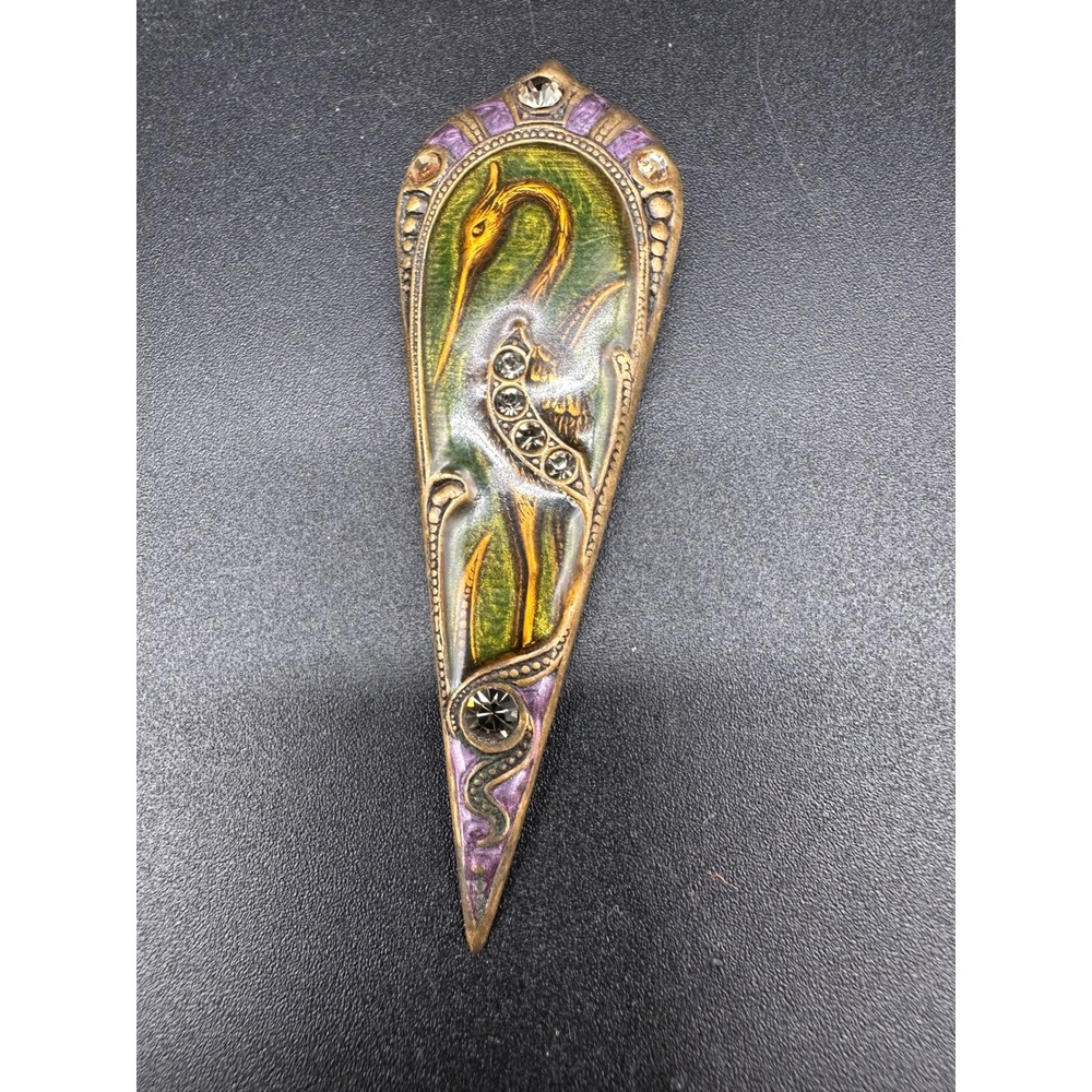 Sweet Romance Art Nouveau Heron Brooch Pin Enamel Rhinestone Bird Brass USA Pin